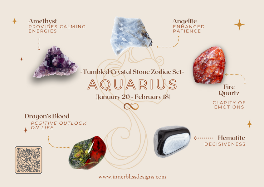 Aquarius | Loose Tumbled Stone Zodiac Healing Crystal Set | Shop Online | Amethyst, Angelite, Fire Quartz (Red Hematoid), Hematite, Dragon's Blood
