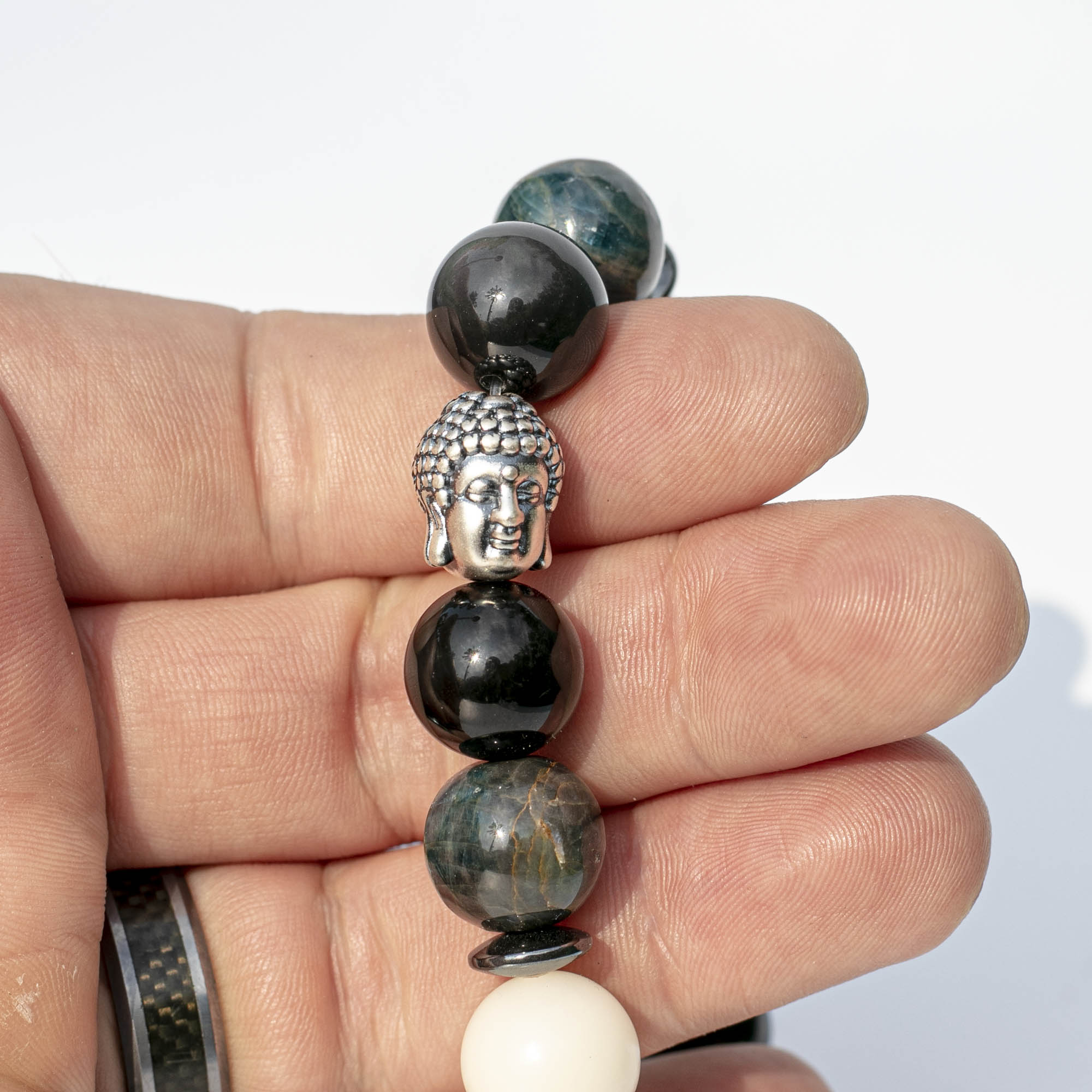 Apatite | Bodhi Root | Obsidian | Rutilated Quartz | Stretchy Cord Healing Crystal Bracelet with Sterling Silver Buddha Head | Choose Size