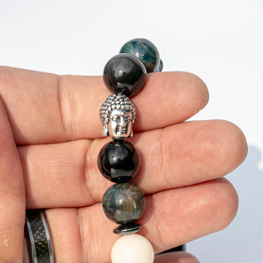 Apatite | Bodhi Root | Obsidian | Rutilated Quartz | Stretchy Cord Healing Crystal Bracelet with Sterling Silver Buddha Head | Choose Size