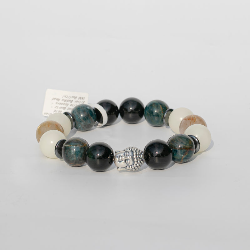 Apatite (磷灰石) | Bodhi Root | Obsidian (黑曜石) | Rutilated Quartz (髮晶) | Sterling Silver Buddha Head |(AAA Quality) Bracelet