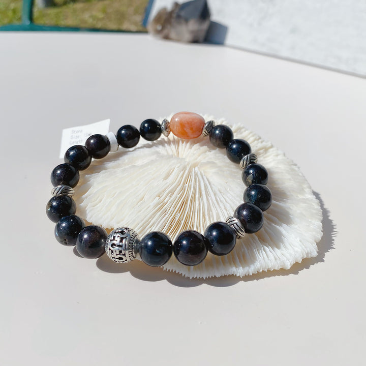 Arfvedsonite | Sunstone | Stretchy Cord Healing Crystal Bracelet | Choose Preferred Wrist Size