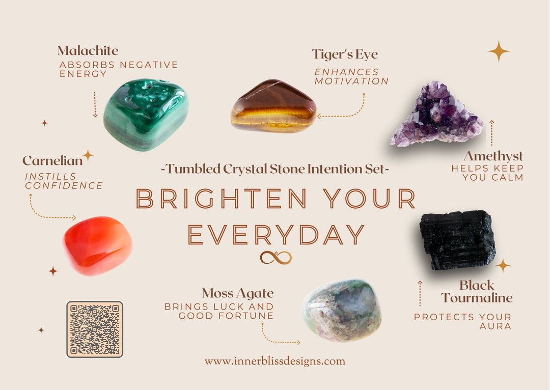 BRIGHTEN YOUR EVERYDAY | Loose Tumbled Stone Intentions Healing Crystal Set | Shop Online | Amethyst, Black Tourmaline, Carnelian, Malachite, Moss Agate, Tiger's Eye