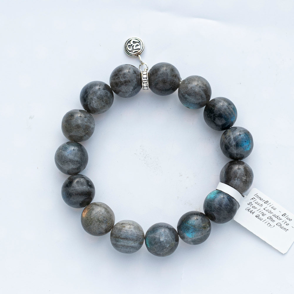 Blue Flash Labradorite | Stretchy Cord Bracelet with Sterling Silver Ohm Bead | The Shielding Stone | Choose Wrist & Bead Size