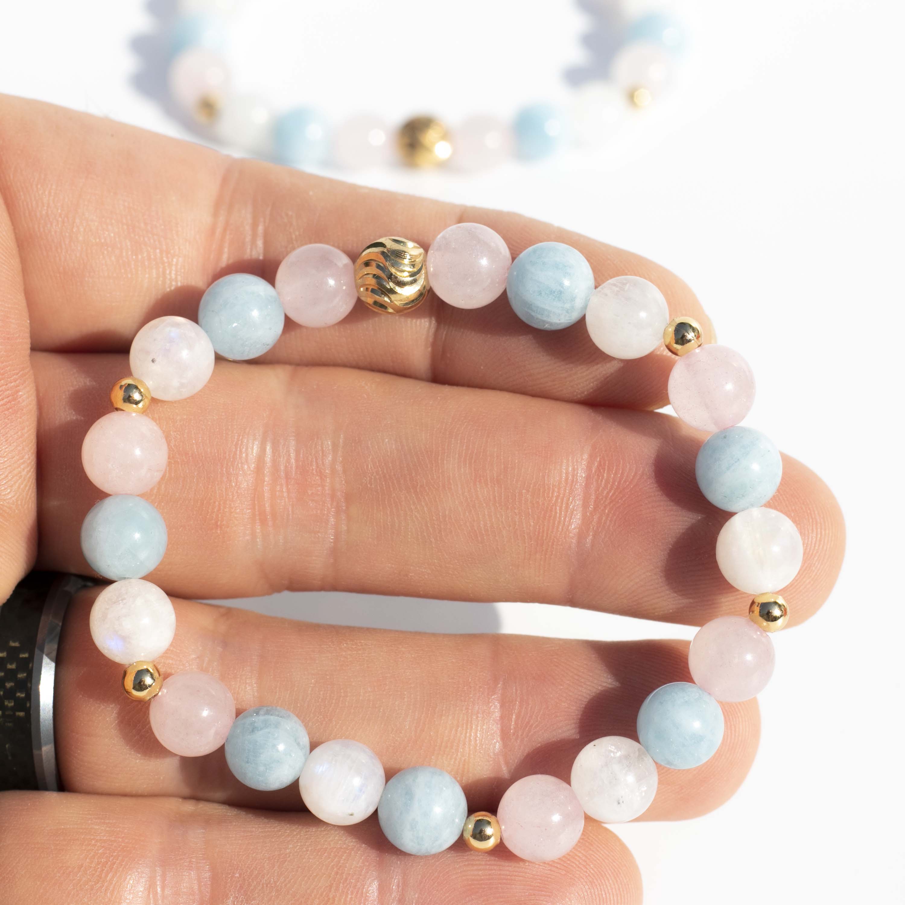 Moonstone (月亮石) - Aquamarine (海蓝宝石) - Rose Quartz (粉晶) | Stretchy Cord Bracelet | Gold Plated Spacer Beads | Choose Preferred Size