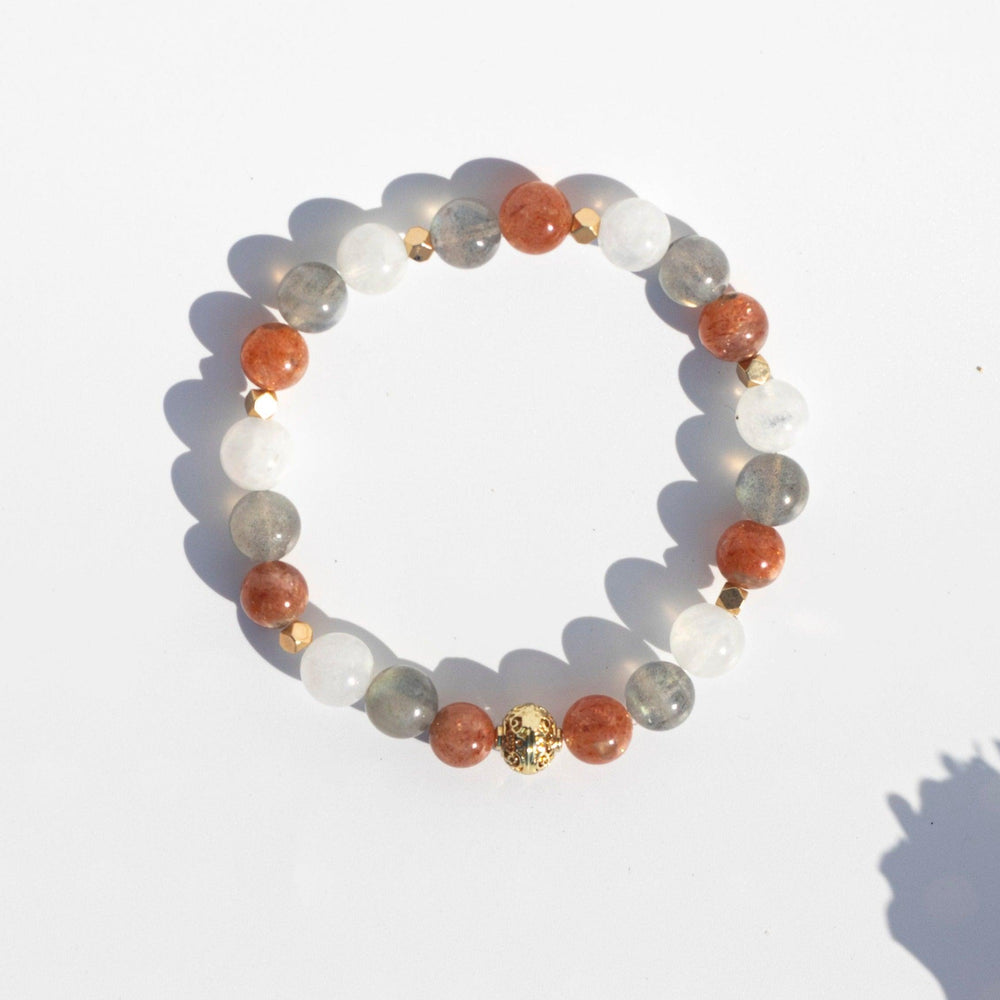 Blue Flash Moonstone (月亮石) - Sunstone (太陽石) - Blue Flash Labradorite (拉長石) | Stretchy Cord Bracelet | Titanium Pyrite Spacer Beads