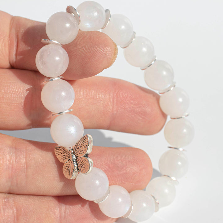 Blue Flash Moonstone (月亮石) | Stretchy Cord Bracelet with Silver Tone Butterfly | The Stone of Stability | Choose Preferred Size