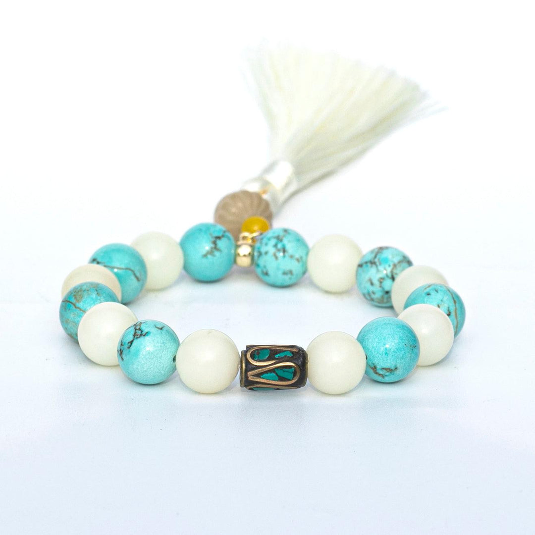 Blue Howlite (白紋石) | Bodhi Root | Tibetan Style Spacer Beaded Bracelet | White Mantra Tassel - innerblissdesigns