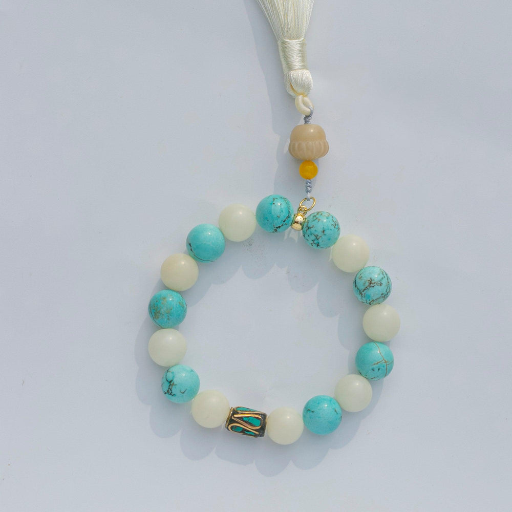 Blue Howlite | Bodhi Root | Stretchy Cord Healing Crystal Bracelet with Tibetan Style Spacer Beads | White Mantra Tassel | Choose Size