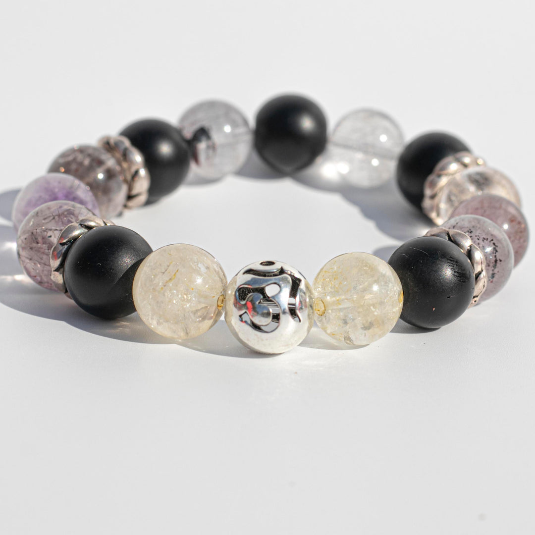 Citrine (黃水晶) | Super Seven (超級七天然水晶) | Matte Black Onyx (縞瑪瑙) | Sterling Silver Ohm & Spacer Beads | Stretchy Cord Bracelet