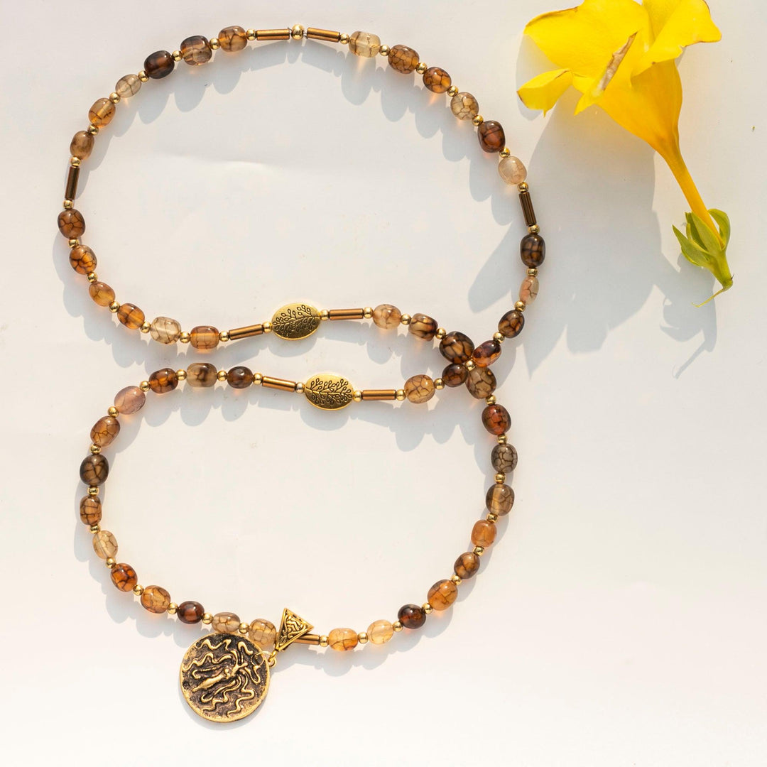 Dragon Vein Agate (瑪瑙) | Fixed Length Necklace | Medusa Head Pendant | Bronze Tinted Beads