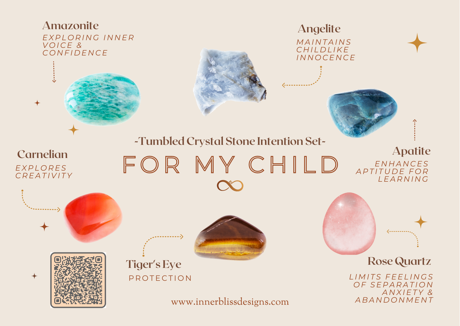FOR MY CHILD | Loose Tumbled Stone Intentions Healing Crystal Set | Shop Online | Amazonite, Angelite, Apatite, Carnelian, Rose Quartz, Tiger's Eye