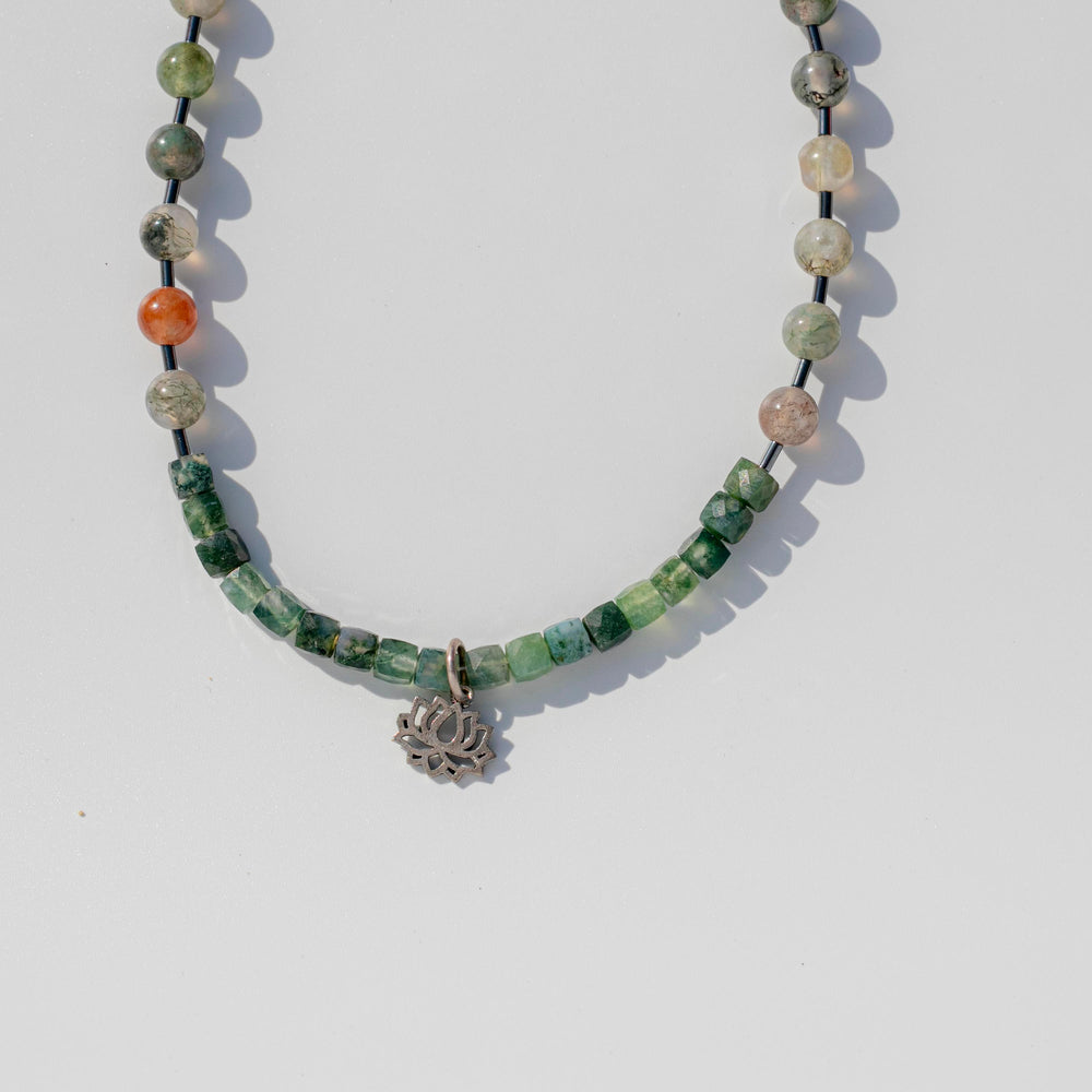 Flower (Cherry Blossom) Agate (櫻花瑪瑙) | Moss Agate (水草瑪瑙) | Sterling Silver Lotus Flower Pendant | Fixed Length Necklace | Choose Length