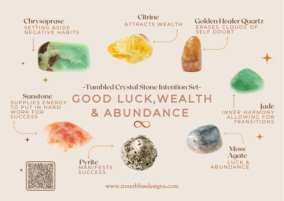GOOD LUCK, WEALTH & ABUNDANCE | Loose Tumbled Stone Intentions Healing Crystal Set | Shop Online | Chrysoprase, Citrine, Golden Healer Quartz, Jade, Moss Agate, Pyrite, Sunstone
