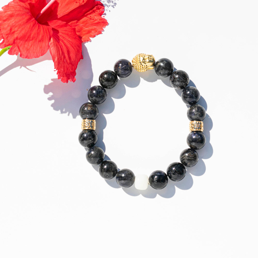 Iolite | Golden Buddha and Spacers | Bodhi Root Beads | Stretchy Cord Healing Crystal Bracelet | The Compass Stone | Choose Wrist & Bead Size