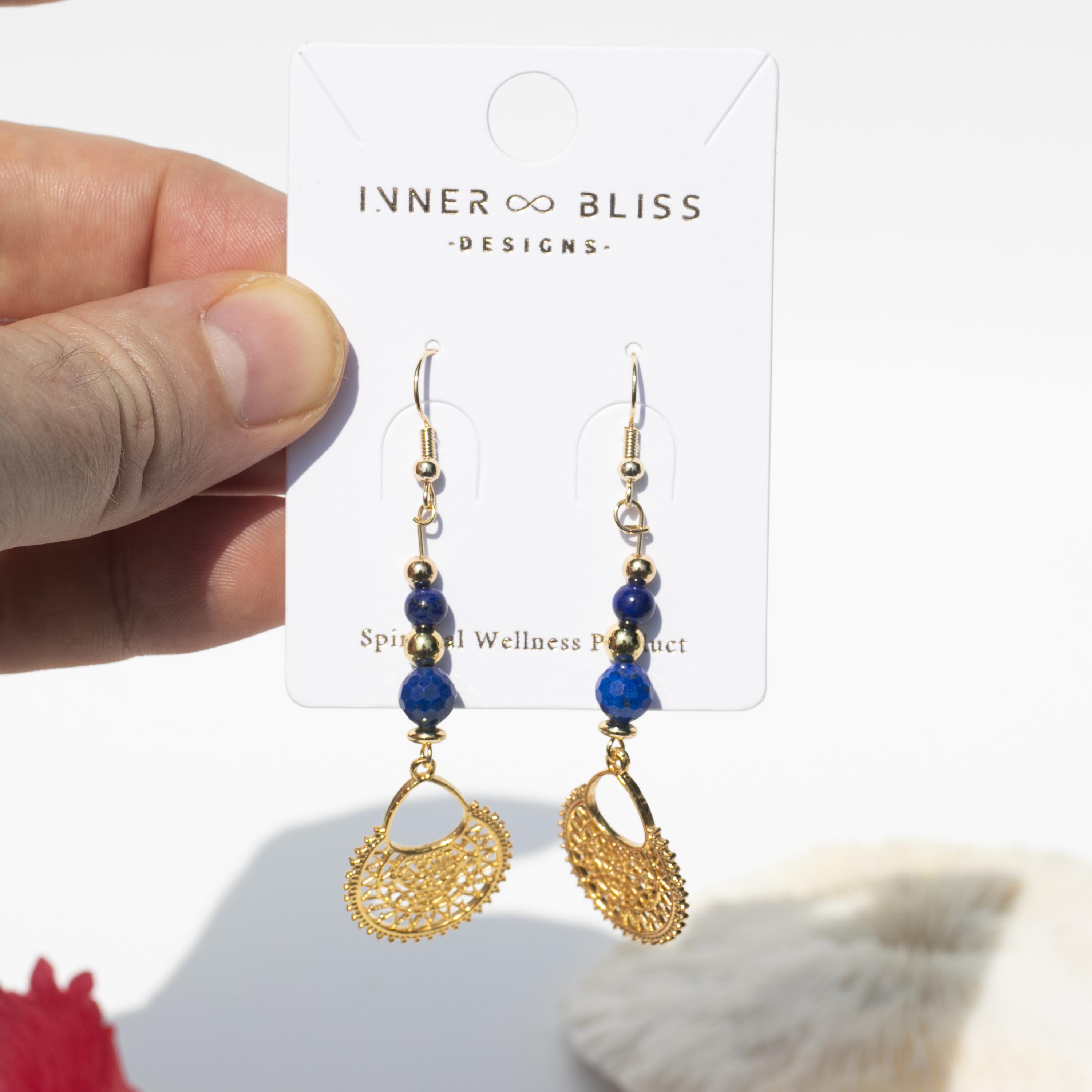 Lapis Lazuli | Filigree Boho Tribal Gold Plated Pendant Earrings | Stone of Truth & Wisdom | Earrings with Beaded Crystals