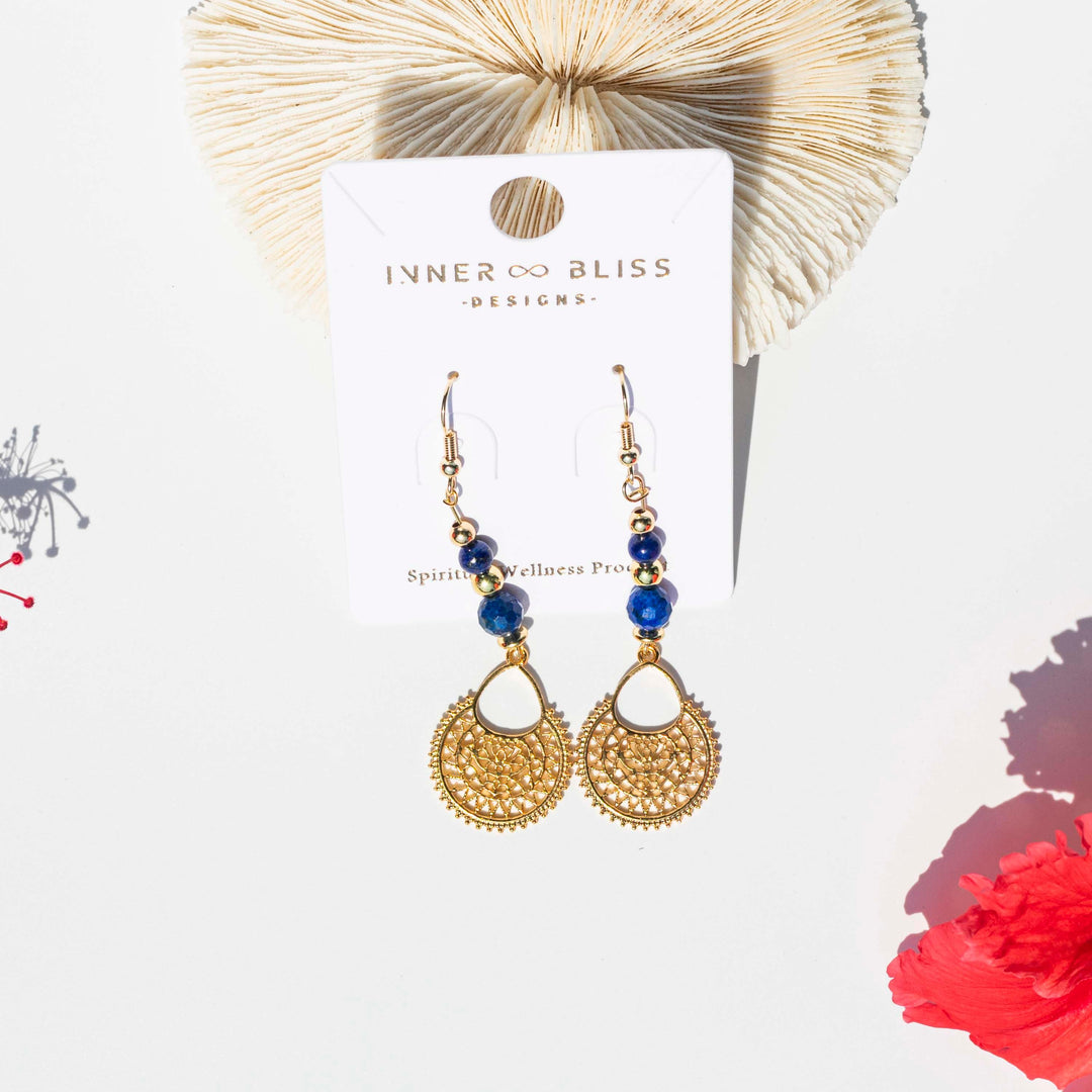 Lapis Lazuli (青金石) | Filigree Boho Tribal Gold Plated Pendant Earrings | Stone of Truth & Wisdom