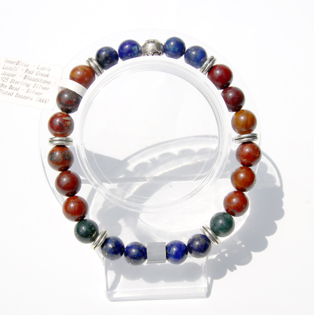 Lapis Lazuli (青金石) Red Creek Jasper (畢卡索碧玉) (AAA Quality) Sterling Silver Ohm Bead Bracelet.