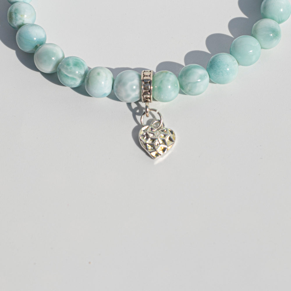 Larimar (拉利瑪石) | Silver Heart Spacer Bead | Stretchy Cord Bracelet | AAA Quality | The Gemstone of Mental Clarity | Choose Correct Wrist Size