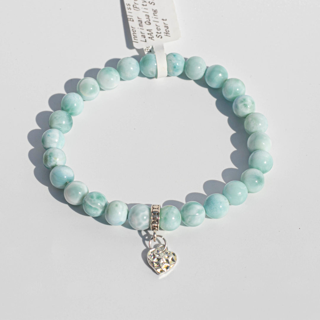 Larimar (拉利瑪石) | Sterling SIlver Setting & Heart Spacer Bead | Stretchy Cord Bracelet (AAA Quality) | The Gemstone of Mental Clarity