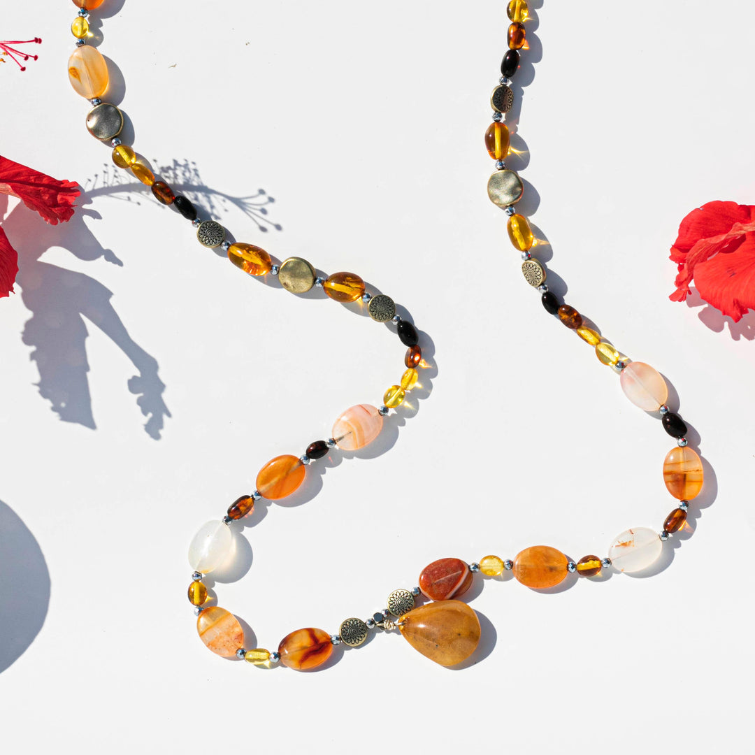 Mixed Baltic Amber (Honey, Lemon, Cherry, Cognac) Necklace (海琥珀) | Carnelian (紅瑪瑙) | Rutilated Quartz Pendant (髮晶) | Silver Tone Spacers
