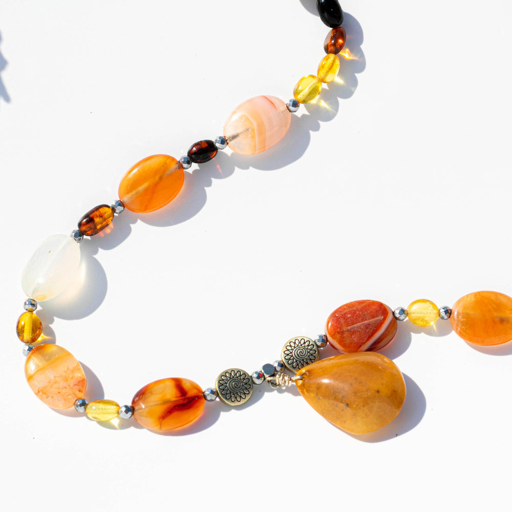 Necklace of Mixed Baltic Amber (Honey, Lemon, Cherry, Cognac) (海琥珀) | Carnelian (紅瑪瑙) | Rutilated Quartz Pendant (髮晶) | Silver Tone Spacers
