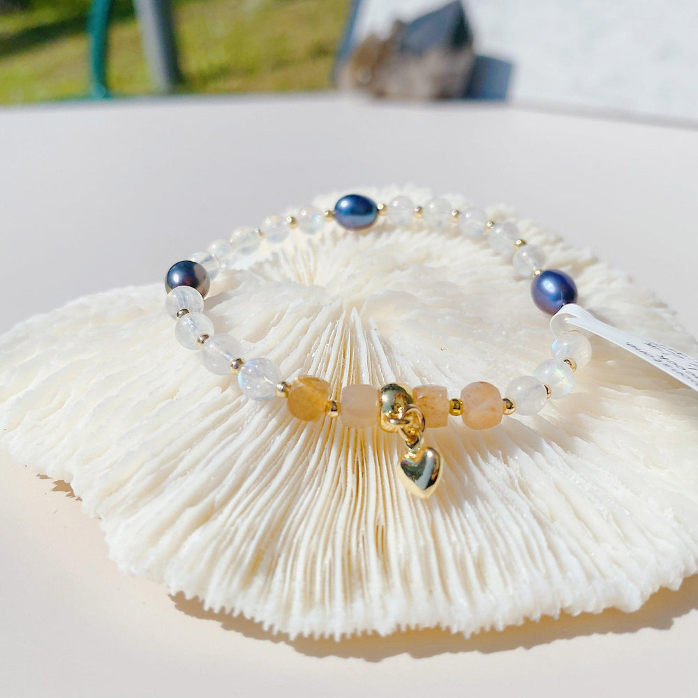 Blue Flash Moonstone | Peacock Pearl | Peach Moonstone | Gold Plated Heart | Stretchy Cord Healing Crystal Bracelet | Choose Wrist Size