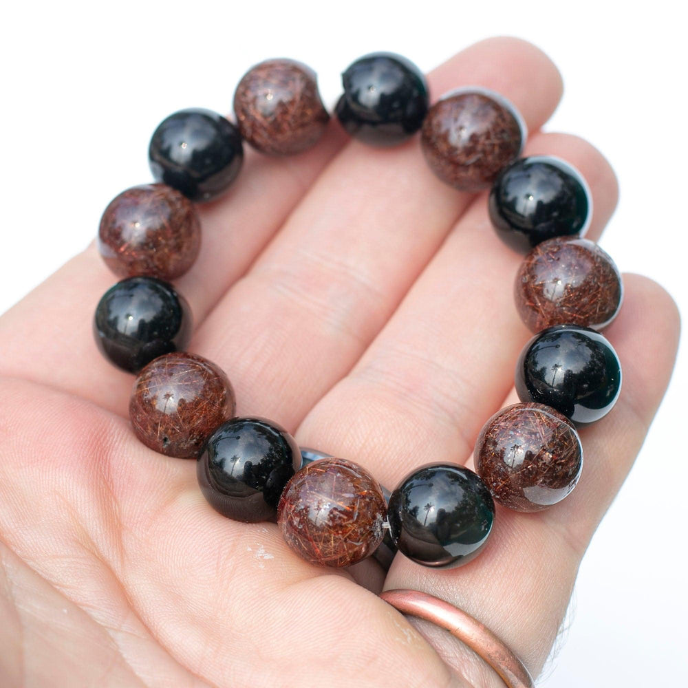 Obsidian & Bronze Rutilated Quartz | Stretchy Cord Healing Crystal Bracelet |  AA Quality | Choose Preferred Wrist Size