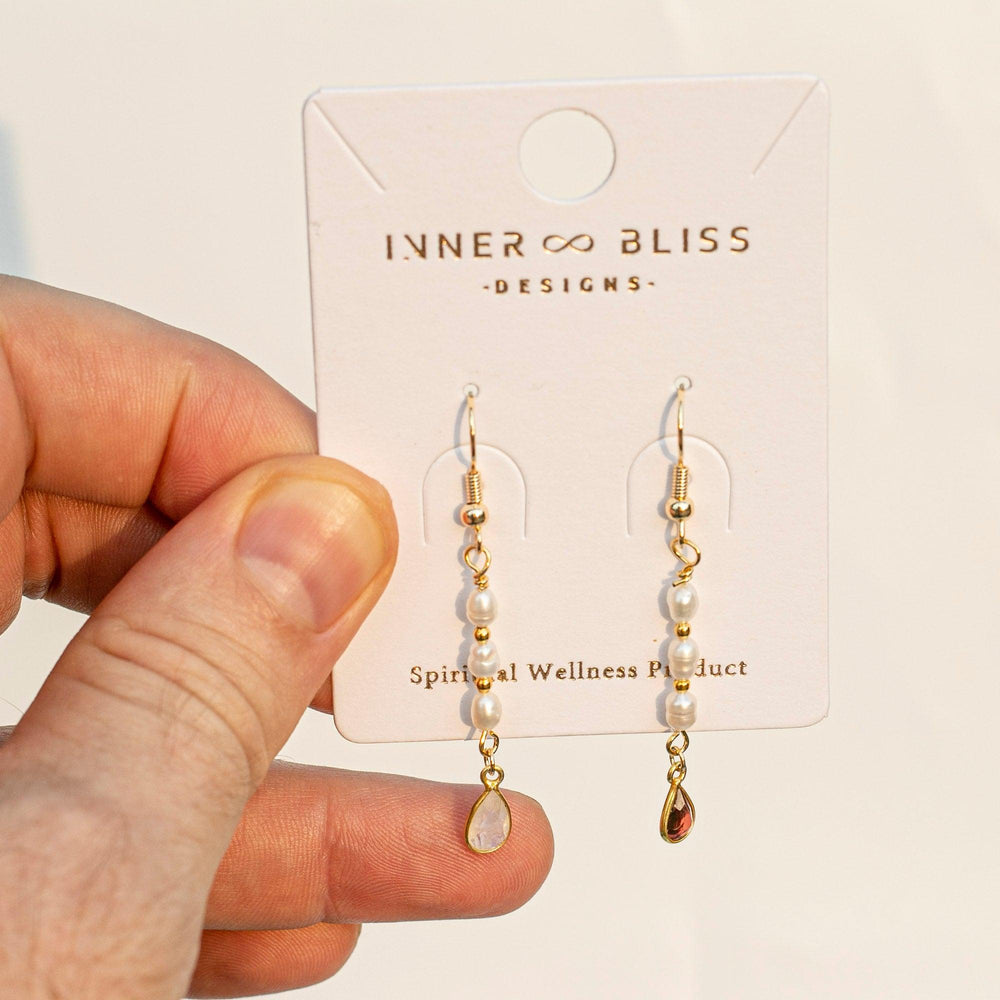 Pearl, Garnet & Moonstone | Teardrop Bezels Crystal Healing Drop Earrings
