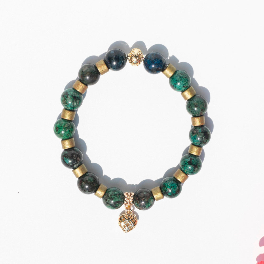 Quantum Quattro | Antique Gold Tone Spacers & Gold Plated Heart | Stretchy Cord Healing Crystal Bracelet | The Stone of Inward Compassion