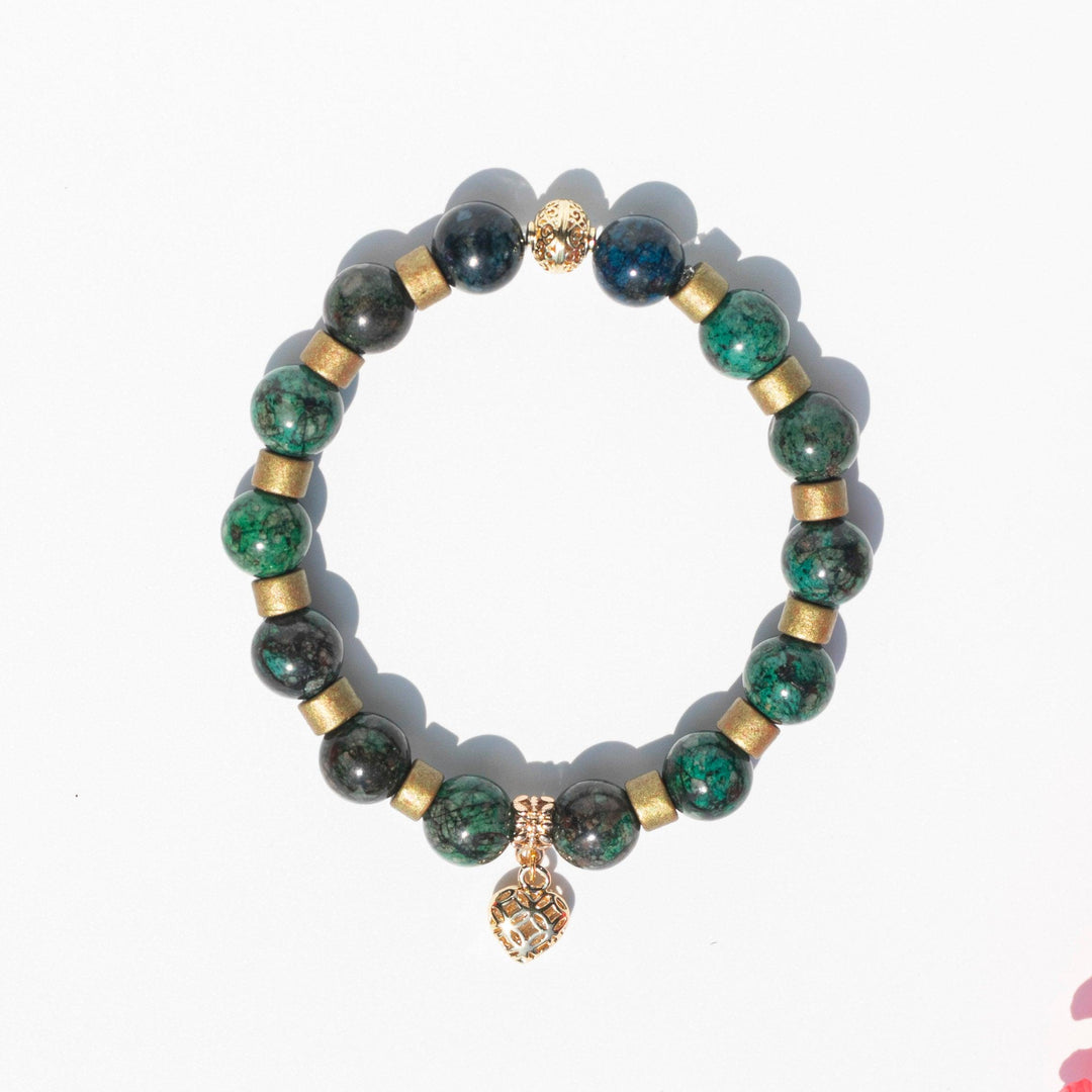 Quantum Quattro | Antique Gold Tone Spacers & Gold Plated Heart | Stretchy Cord Healing Crystal Bracelet | The Stone of Inward Compassion