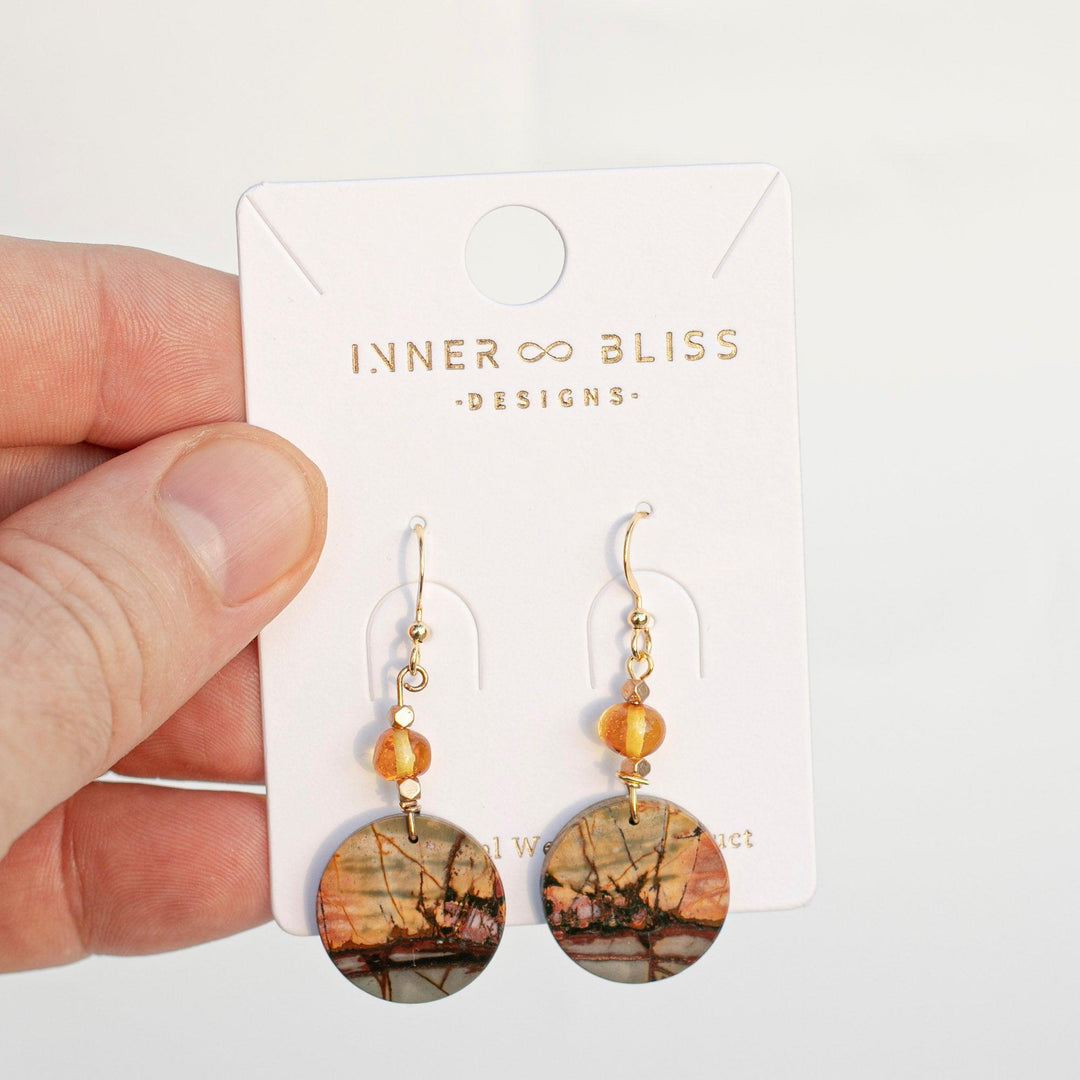 Blue Flash & Peach Moonstone | Loop Dangle Earrings with Healing Crystals Square Beads | Evil Eye | The Stone of Stability