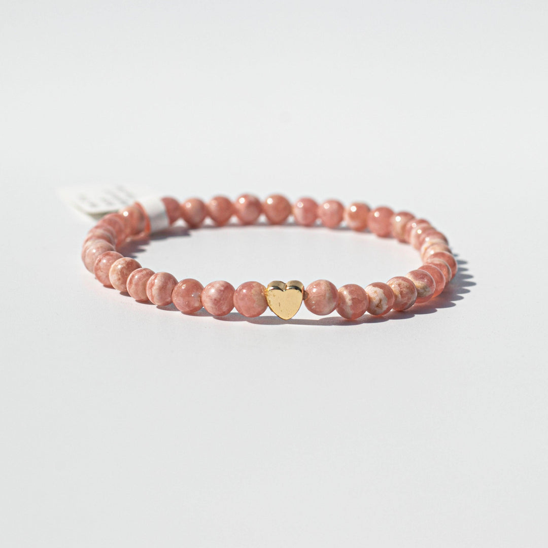 Rhodochrosite (菱錳礦) | Healing Crystal Stretchy Cord Bracelet w/ Gold Tone Heart | THE STONE OF WELL BEING & TRAUMA
