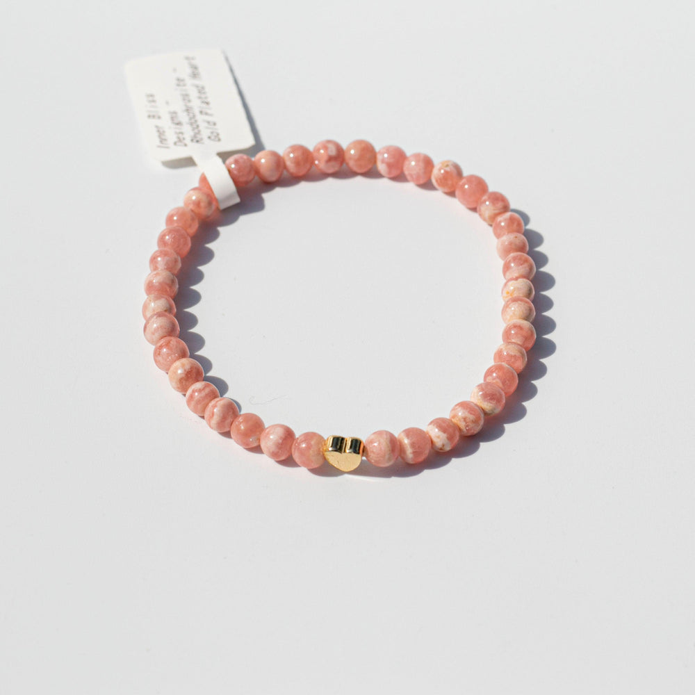 Rhodochrosite (菱錳礦) | Healing Crystal Stretchy Cord Bracelet w/ Gold Tone Heart | THE STONE OF WELL BEING & TRAUMA