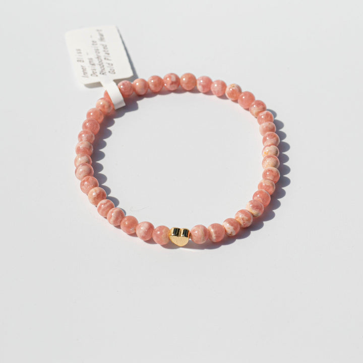 Rhodochrosite (菱錳礦) | Healing Crystal Stretchy Cord Bracelet w/ Gold Tone Heart | THE STONE OF WELL BEING & TRAUMA