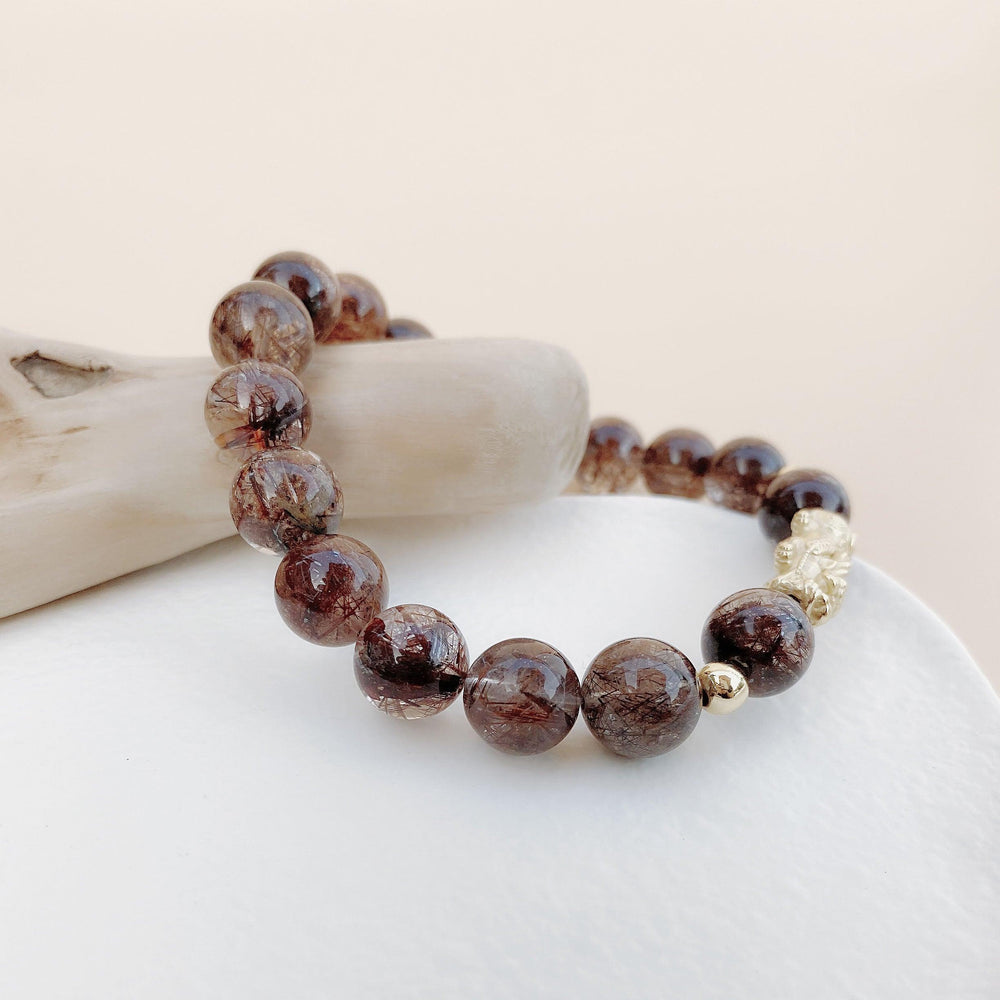 Bronze Rutilated Quartz | Gold Plated Sterling Silver Pixiu | Stretchy Cord Healing Crystal Bracelet | Choose Correct Wrist Size
