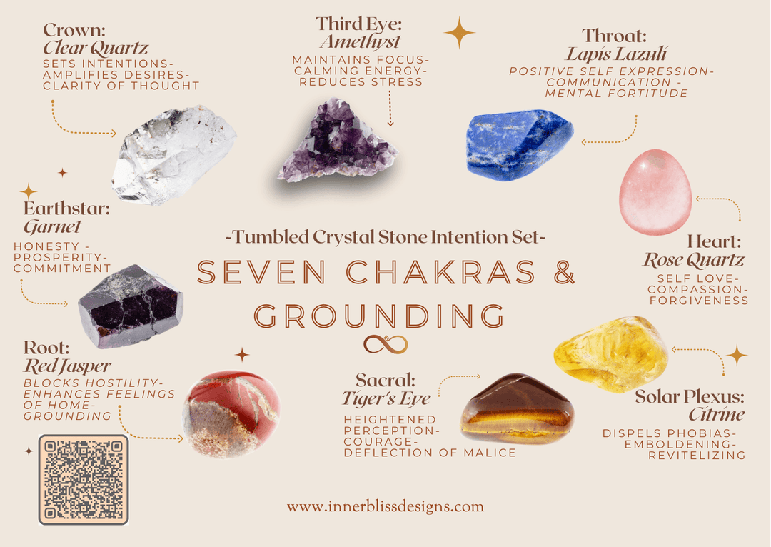 SEVEN CHAKRAS & GROUNDING | Loose Tumbled Stone Intentions Healing Crystal Set | Shop Online | Crown: Clear Quartz; Third Eye: Amethyst; Throat: Lapis Lazuli; Heart: Rose Quartz; Solar Plexus: Citrine; Sacral: Tiger's Eye; Root: Red Jasper; Earthstar: Garnet