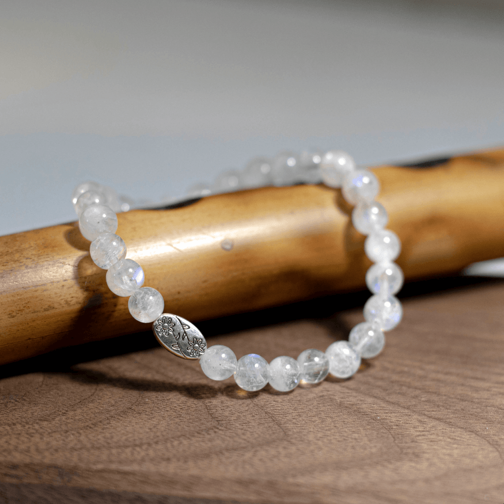 Blue Flash Moonstone (月亮石) (AAA Quality) | Stretchy Cord Bracelet with Silver Tone Flower Bead | The Stone of Stability - innerblissdesigns