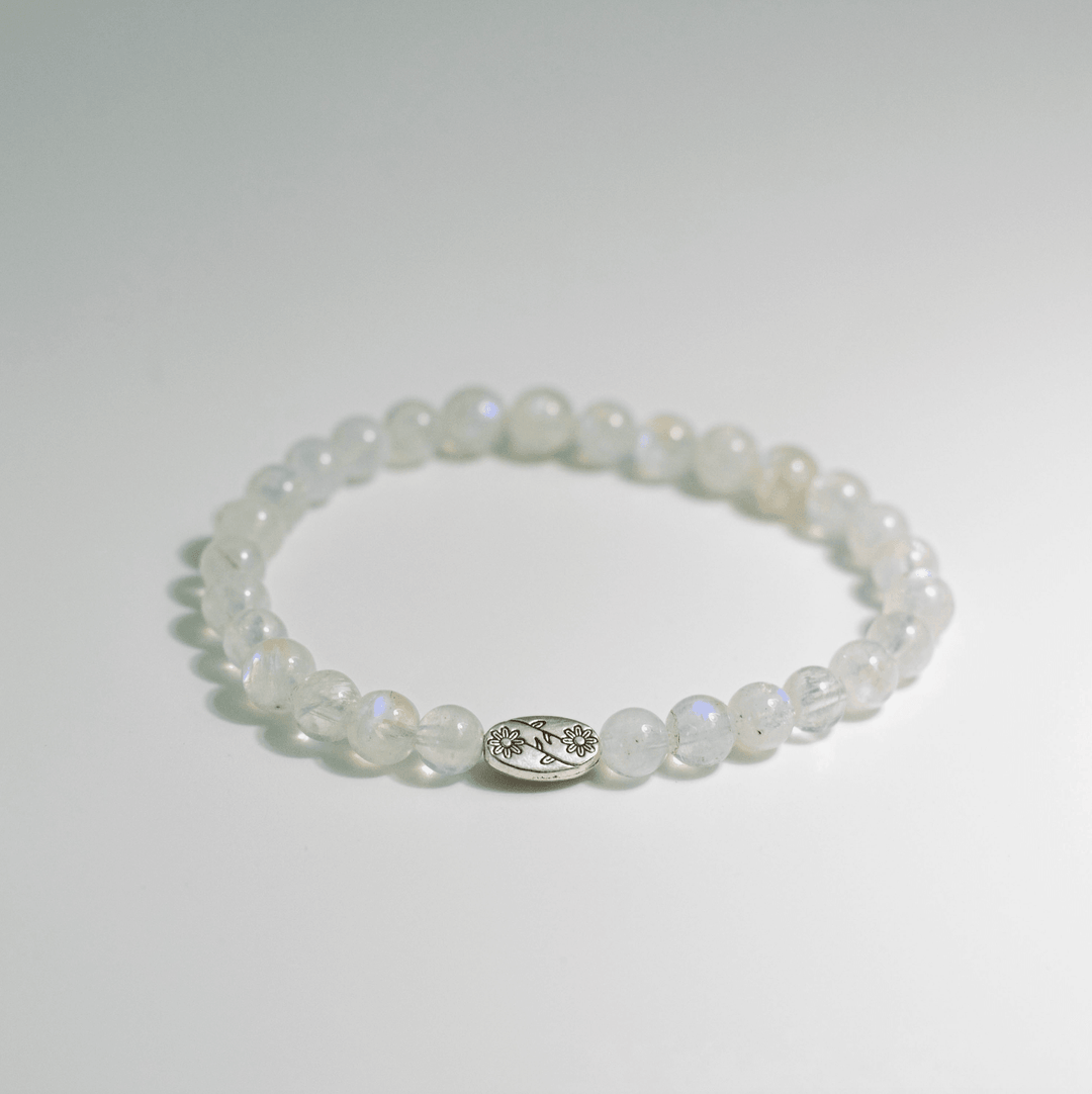 Blue Flash Moonstone (月亮石) (AAA Quality) | Stretchy Cord Bracelet with Silver Tone Flower Bead | The Stone of Stability - innerblissdesigns