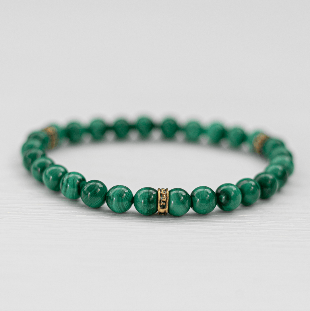 Malachite (孔雀石)| Stretchy Cord Bracelet w/ Tibetan Style Gold Tone Spacers (AAA Quality) | The Traveller's Protection Stone - innerblissdesigns
