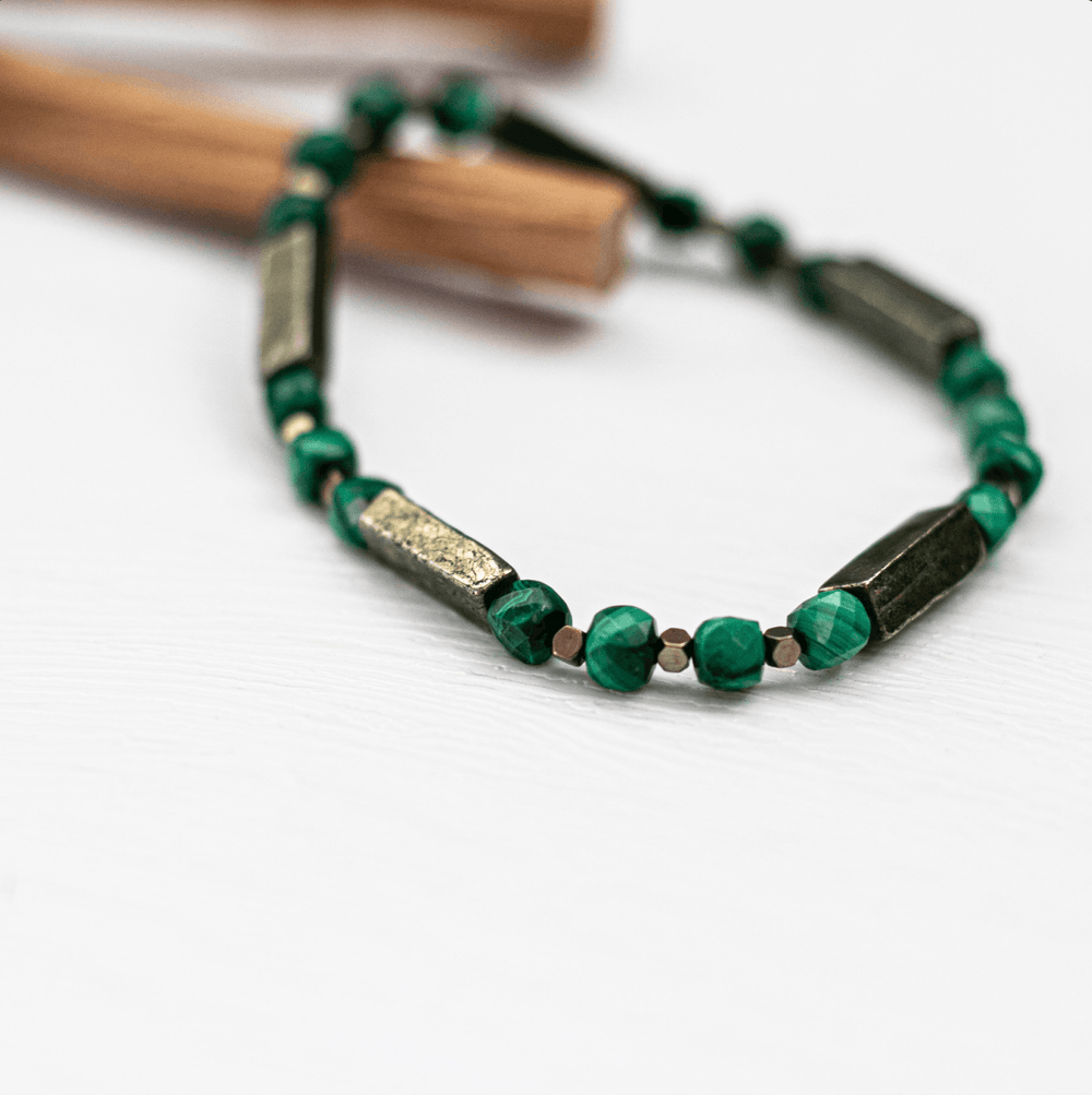 Malachite (孔雀石)| Stretchy Cord Bracelet | Copper Cube & Titanium Pyrite Spacer Beads | The Traveller's Protection Stone - innerblissdesigns