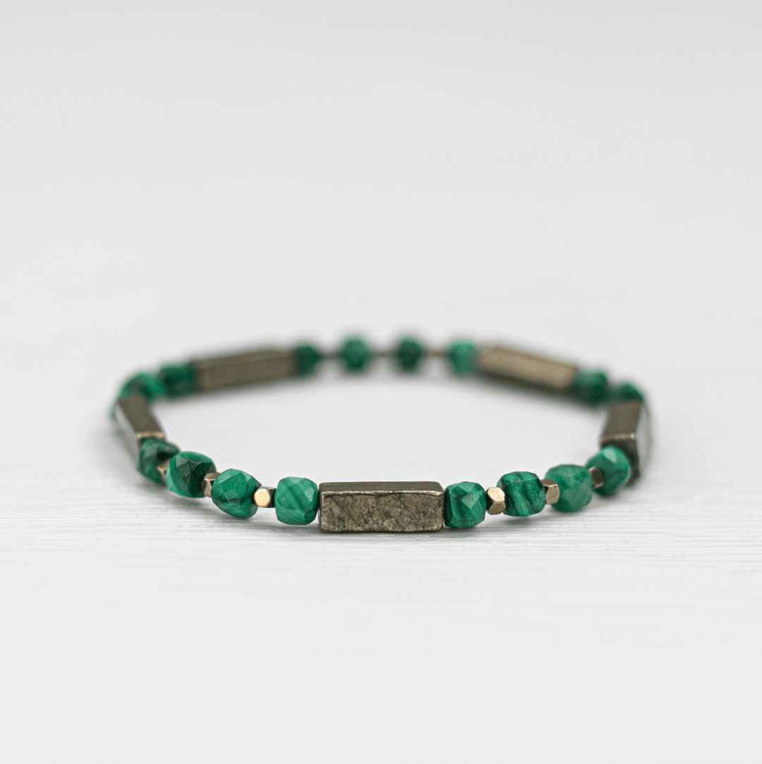 Malachite (孔雀石)| Stretchy Cord Bracelet | Copper Cube & Titanium Pyrite Spacer Beads | The Traveller's Protection Stone - innerblissdesigns