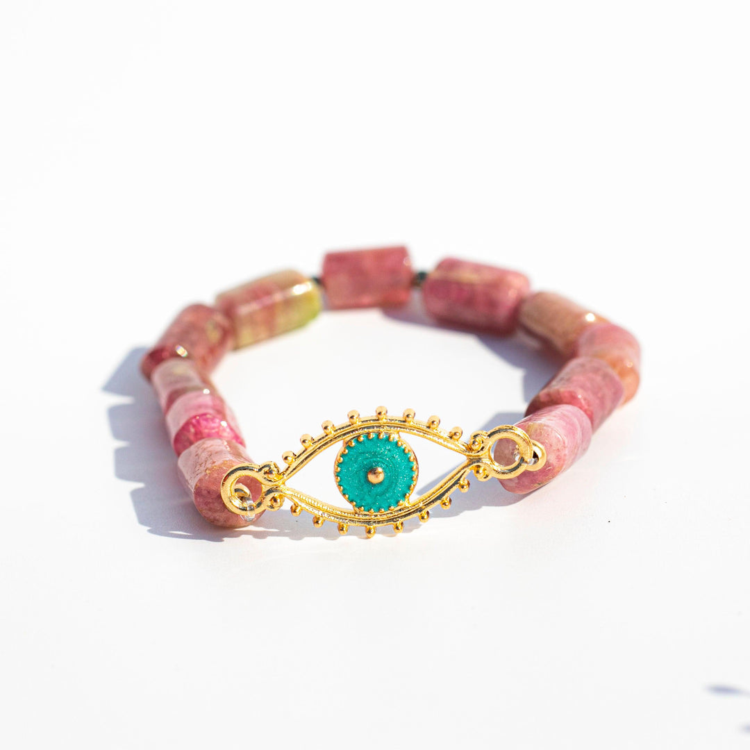 Watermelon Tourmaline (黑碧璽) | Stretchy Cord Bracelet with Gold Tone Evil Eye | The Psychic Shield Stone