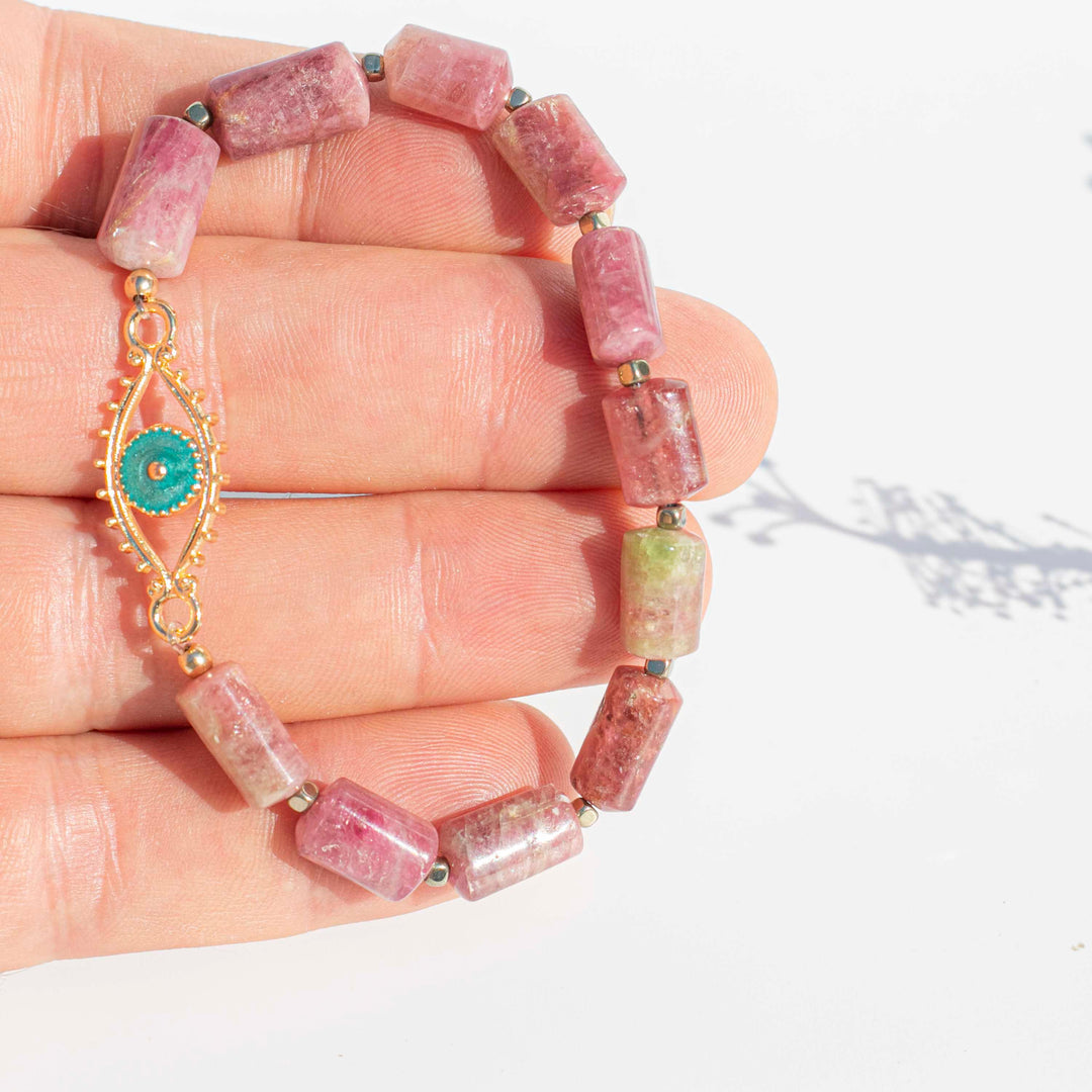 Watermelon Tourmaline Tube Beads | Stretchy Cord Bracelet with Gold Tone Evil Eye | The Psychic Shield Stone | Choose Preferred Wrist Size