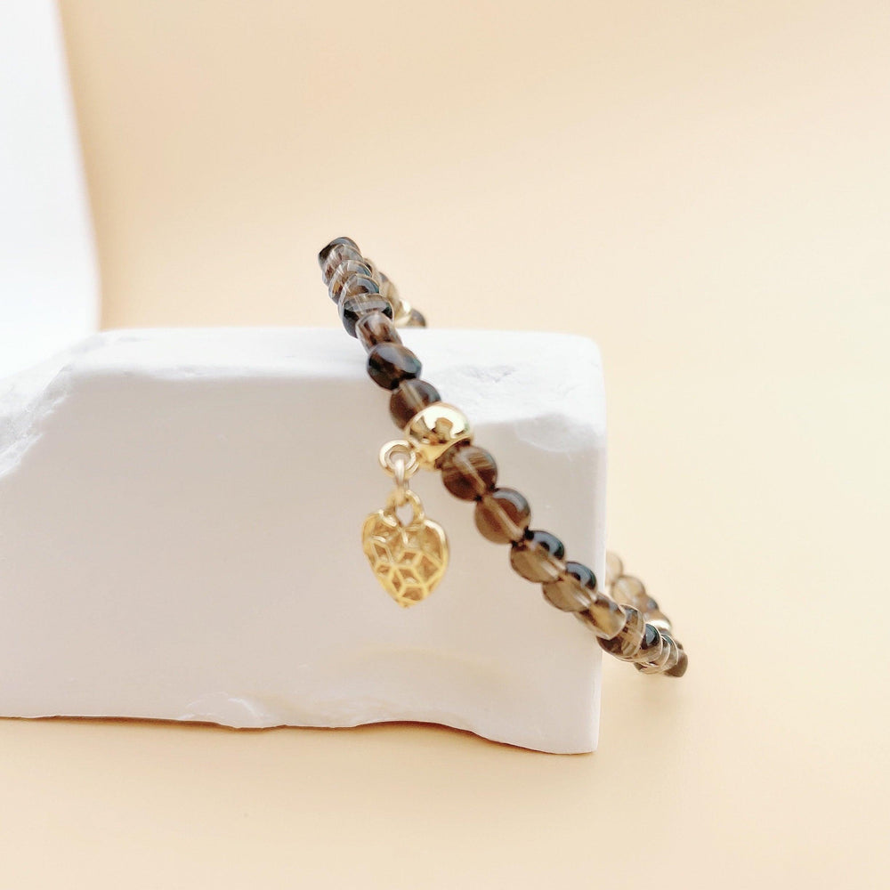 Smoky Quartz | Gold Plated Heart | Stretchy Cord Healing Crystal Bracelet | Choose Preferred Wrist Size