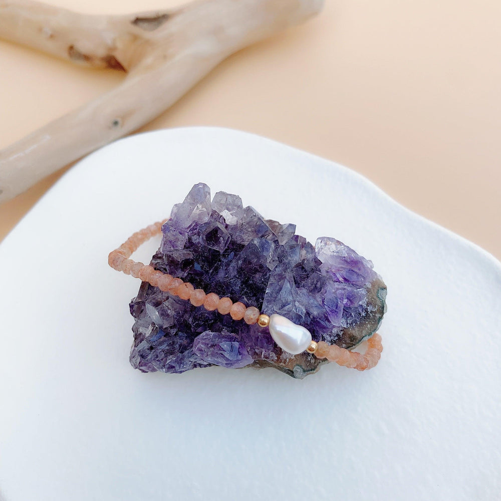 Sunstone | Baroque Pearl | Stretchy Cord Healing Crystal Bracelet | Choose Correct Wrist Size