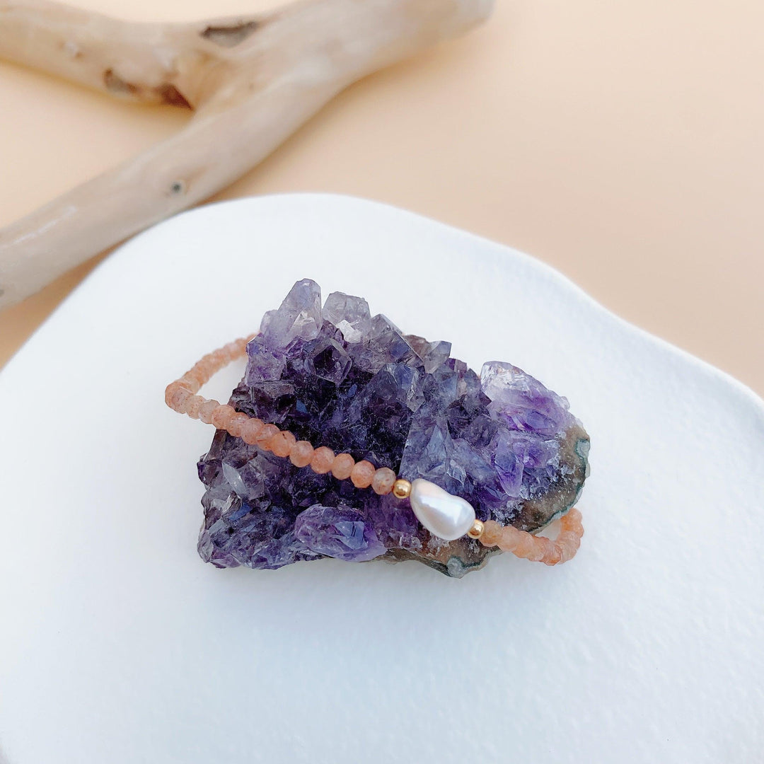 Sunstone | Baroque Pearl | Stretchy Cord Healing Crystal Bracelet | Choose Correct Wrist Size
