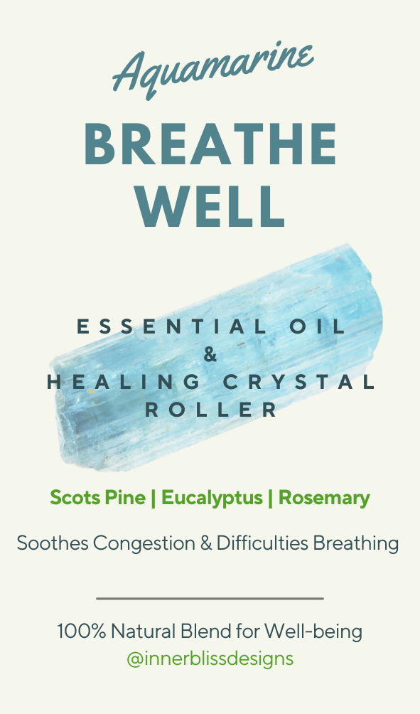 Aquamarine essential oil and healing crystal roller with text about its uses and benefits.