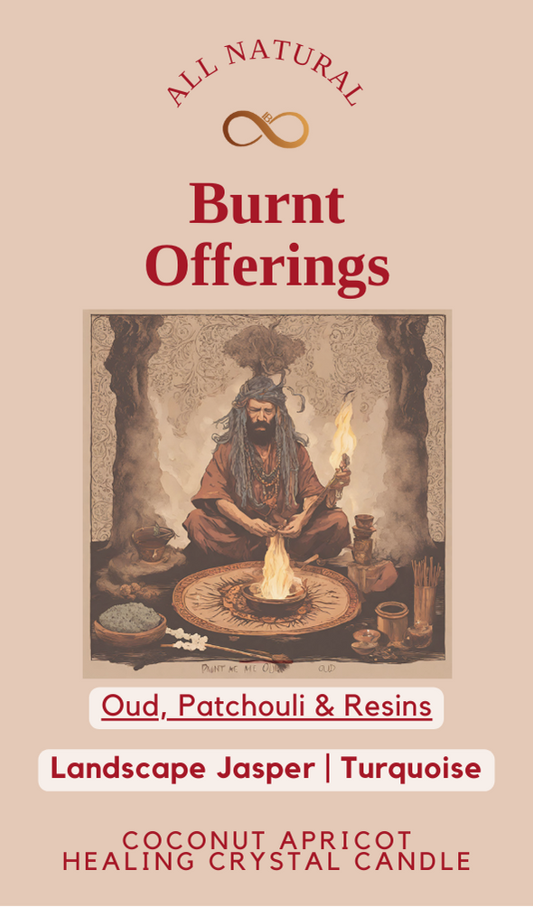 Burnt Offerings | Oud & Patchouli Resins Healing Crystal Candle | Landscape Jasper & Turquoise