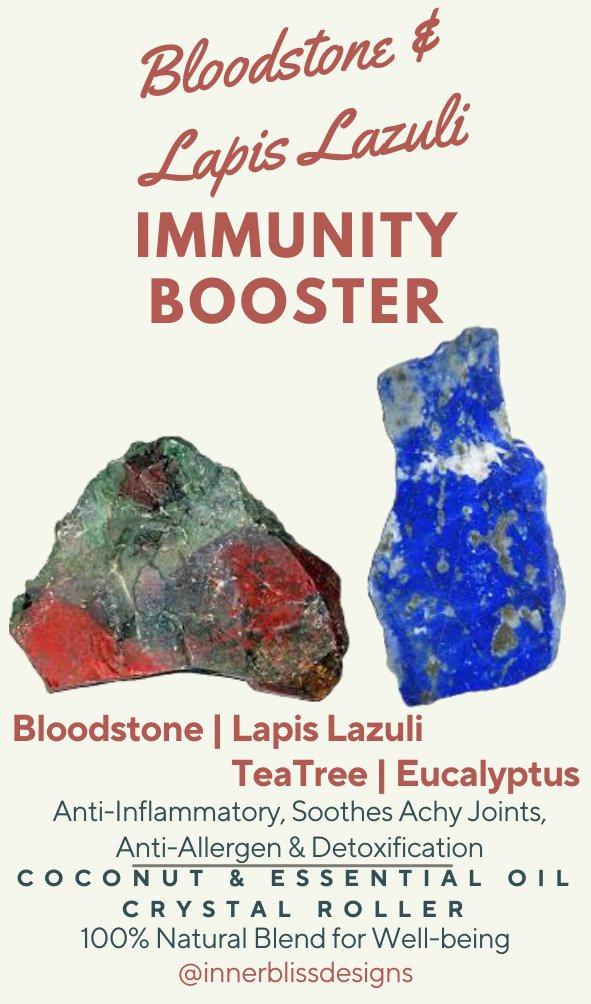 Immunity Booster | Essential Oil Crystal Roller | Bloodstone & Lapis Lazuli | Tea Tree & Eucalyptus | Description Card