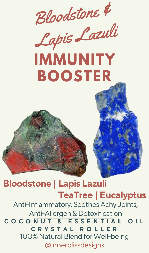 Promotional image of Bloodstone, Lapis Lazuli, Tea Tree, and Eucalyptus crystal roller with text about its benefits.